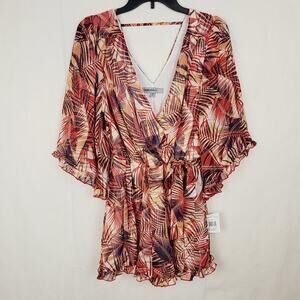 New Bailey Blue orange tropical print ruffled hem deep V romper Med vacation